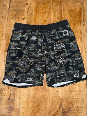 Salty Crew Black Swim Board Shorts with Gold & Green Logos